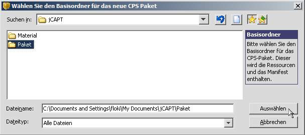 Basisordner für neues CPS-Paket wählen.