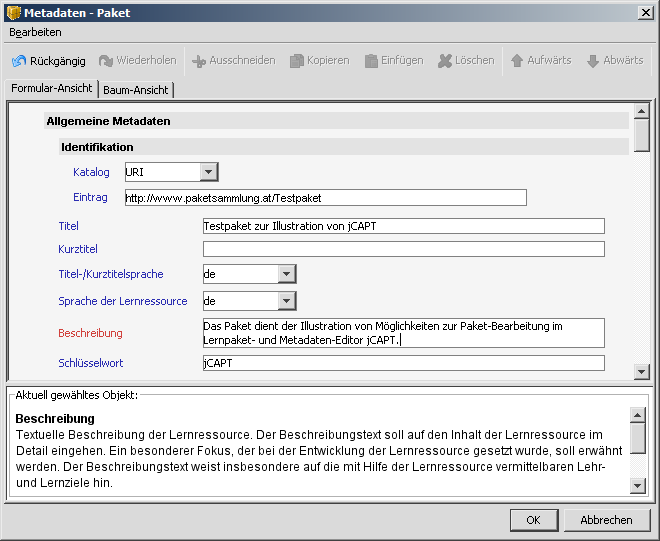 Formular-Ansicht im Metadaten-Dialog.