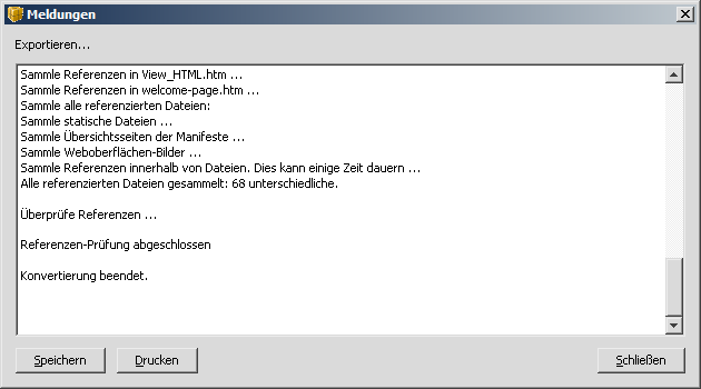 Statusmeldungen beim Export als Offline-Version.