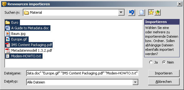 Import-Dialog mit Auswahl von zu importierenden Ressourcen.