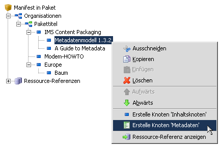 Metadaten für Manifest/Organisation/Inhalt-Knoten hinzufügen.