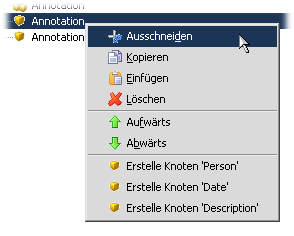 Knoten in die Zwischenablage ausschneiden über das Kontextmenü.